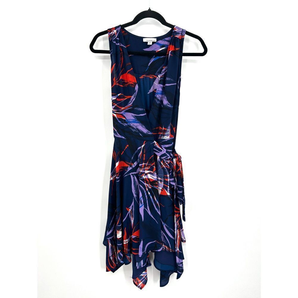 ALLISON JOY Blue Purple Red Abstract Print Handkerchief Hem Wrap Dress Size XS